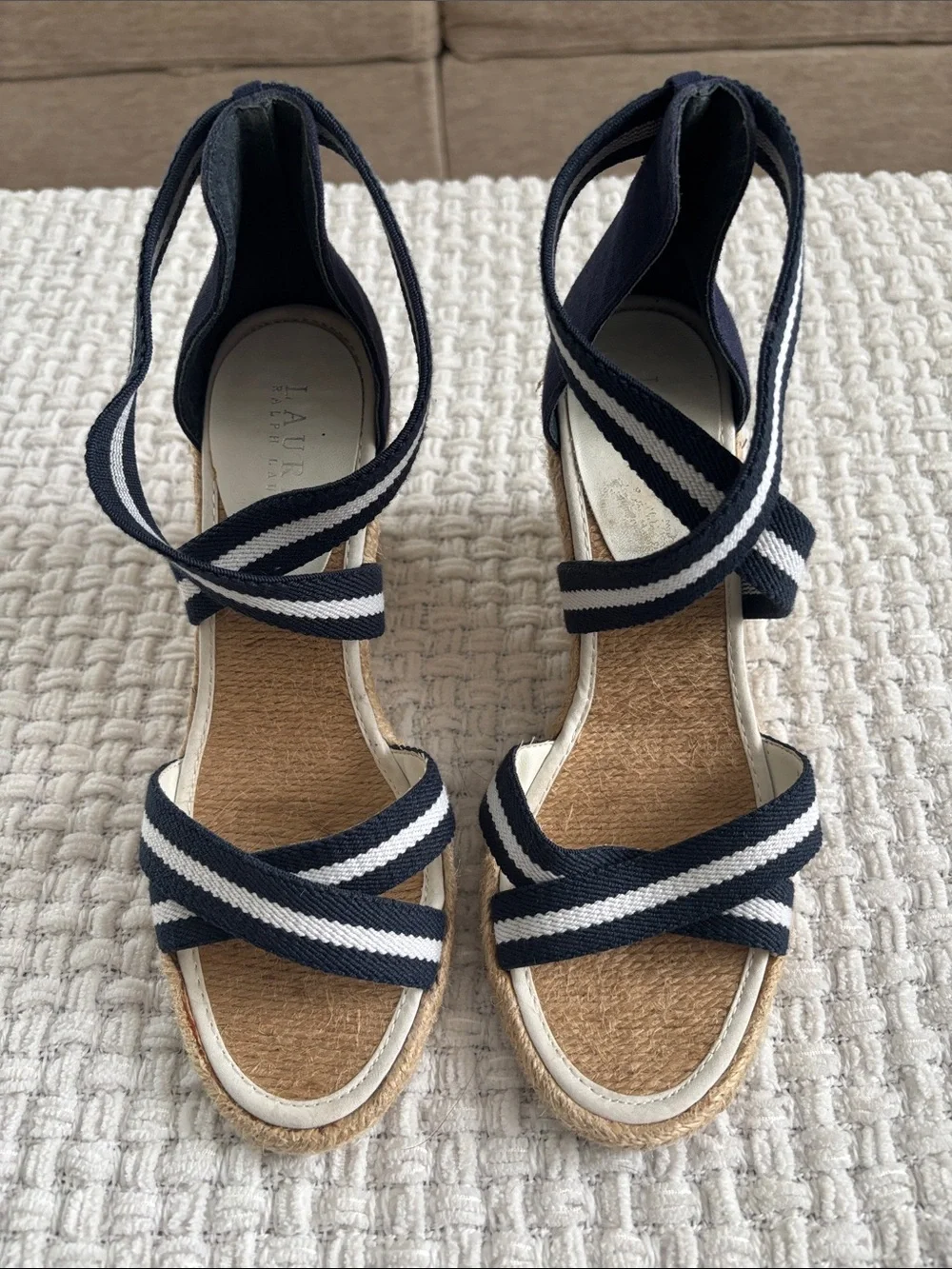 Polo by Ralph Lauren Navy & White Striped Wrap Espadrille Wedges